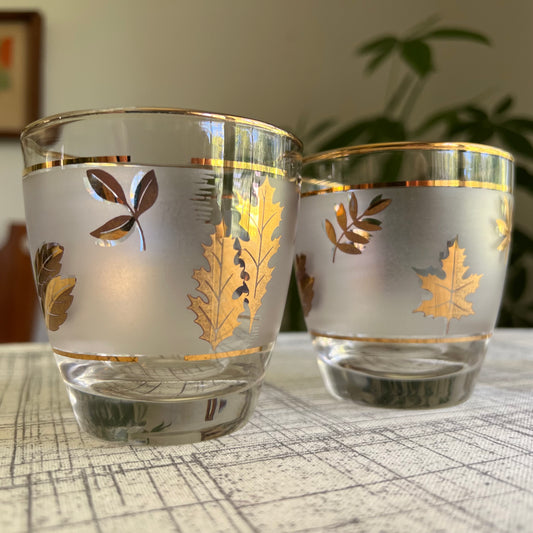 Libbey Vintage MCM "Golden Foliage" Gold Leaf Frosted Old Fashioned Glass Glasses- Set of 2