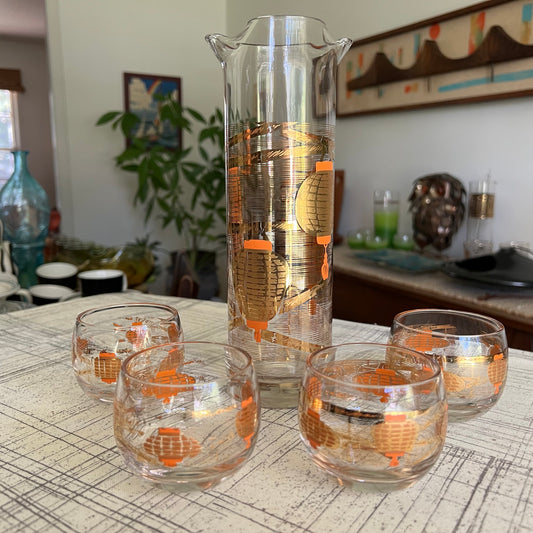 MCM Tiki Lantern Gold & Orange Barware Set- Cocktail Mixer & 4 Roly Poly Glasses