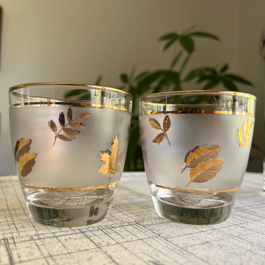 Libbey Vintage MCM "Golden Foliage" Gold Leaf Frosted Old Fashioned Glass Glasses- Set of 2