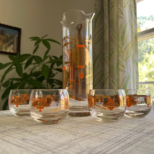 MCM Tiki Lantern Gold & Orange Barware Set- Cocktail Mixer & 4 Roly Poly Glasses