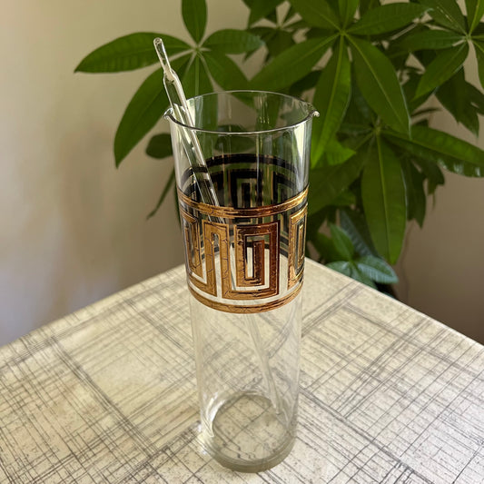 Midcentury Modern 22-Karat Gold Greek Key Culver Double Spout Cocktail Mixer & Glass Stirrer