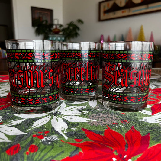 Vintage Houze Season's Greetings Double Old Fashioned Glasses- Set of 3